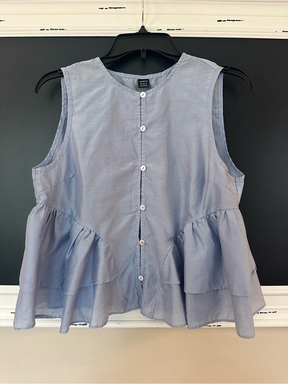 SHEIN Light Blue Sleeveless Ruffle Button-Up Blouse